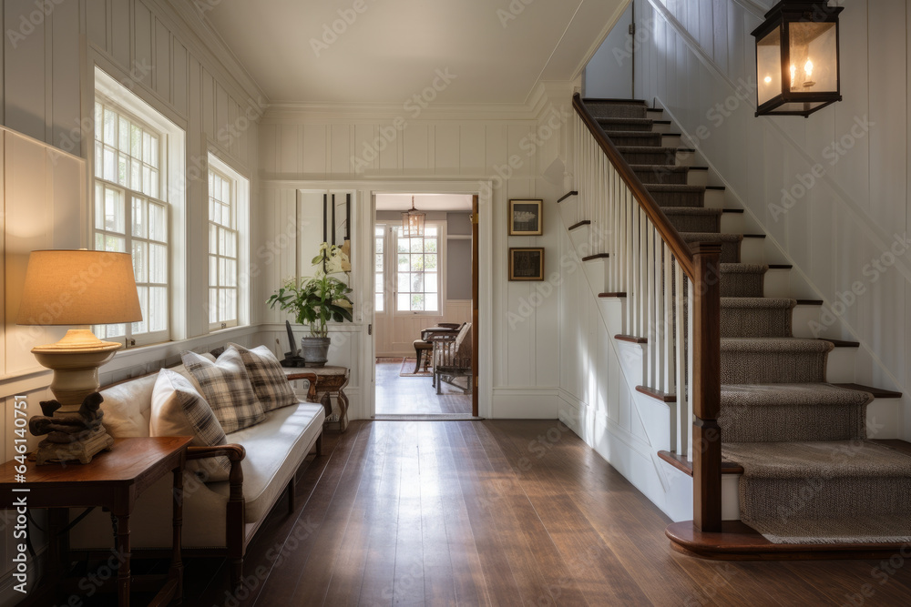 A Cozy and Charming Country Style Hallway Interior with Rustic Wooden Accents and Vintage Decor A Cozy and Charming Country Style Hallway Interior with Rustic Wooden Accents and Vintage Decor