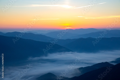 Morning dense fog in the mountainous forest area of       the Ukrainian Carpathians. Landscape in nature. Dawn in the mountains