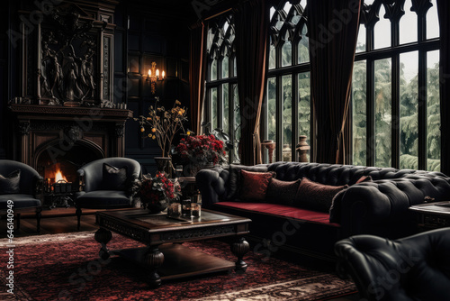 Elegant and Enchanting Gothic Style Living Room Interior with Intricate Details and Rich Dark Tones