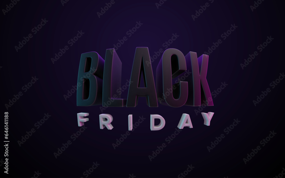 Black Friday Sale label. Vector ad illustration. Promotional marketing discount banner event. Realistic 3d typography sign with neon lighting. Design element for sale banners, ad posters, promo cards
