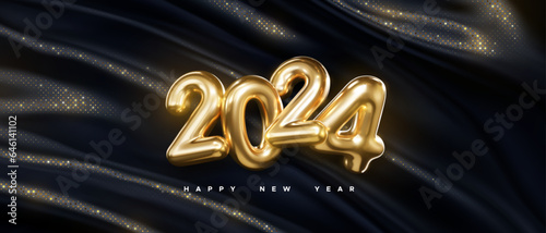 Happy New 2024 Year festive banner. 2024 golden metal sign. Vector holiday illustration. Gold numbers on black glittering fabric background photo