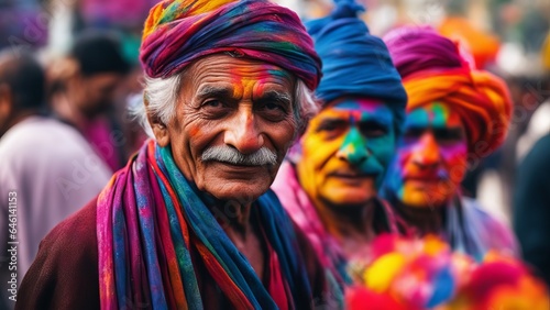 Portrait of a jolly old man doused in holi dyes at a festival against a background of celebrating colored people, digital art