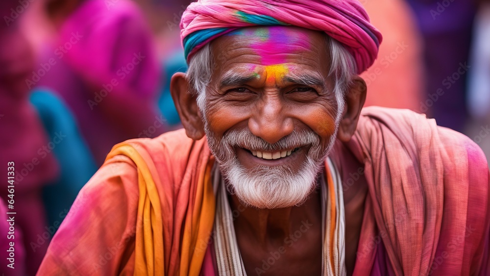 Portrait of a smiling old man doused in holi colors at a festival on the background of celebrating people, digital art