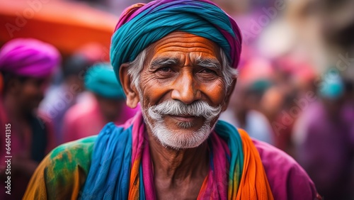 Portrait of a cheerful old man doused in holi colors at a festival on the background of celebrating people  digital art