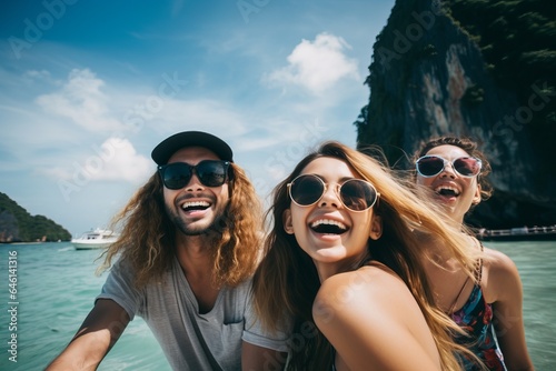 a group of young diverse people students taking a selfie on a wide angle on a vacation in the tropical sunny land, ocean or sea in the background, Thailand or Bali