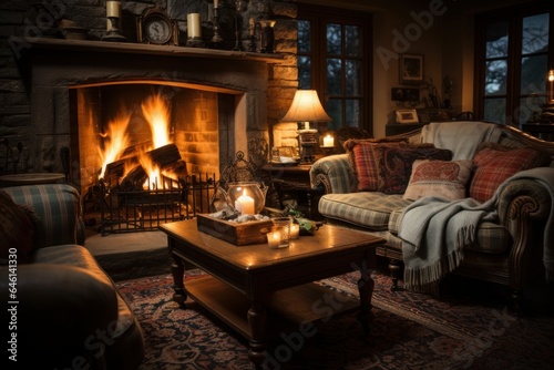 Obraz na płótnie cozy cottage with a fireplace and a comfortable sofa with brown blankets