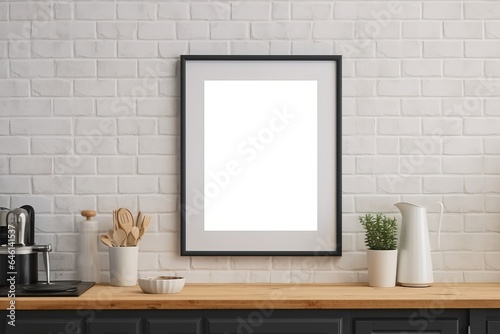 Empty wooden picture frame mockup hanging on pastel wall in a cafe or kitchen with wooden counter top. Working space, home office. Modern interior.