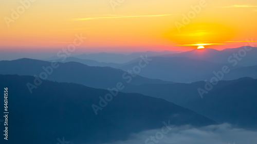 Morning dense fog in the mountainous forest area of ​​the Ukrainian Carpathians. Landscape in nature. Dawn in the mountains