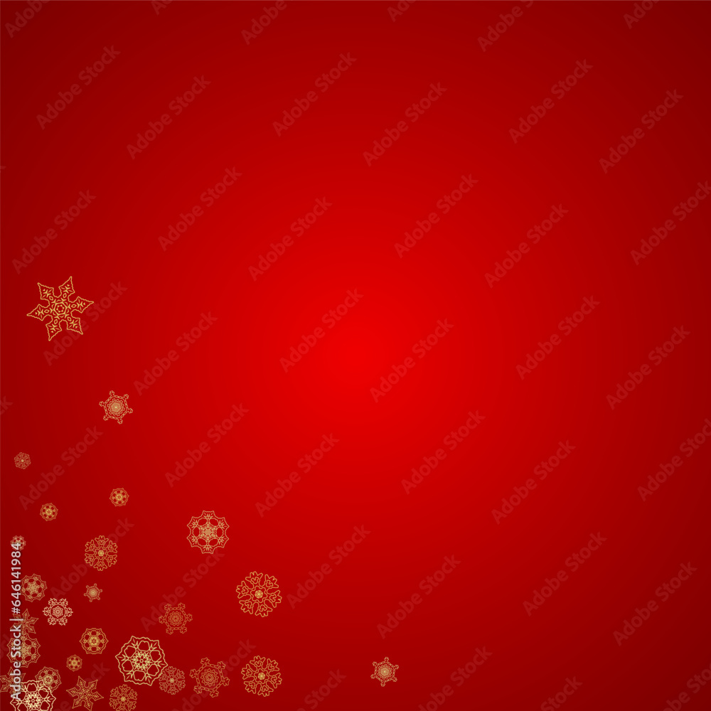 Christmas snowflakes on red background. Glitter frame for seasonal winter banners, gift coupon, voucher, ads, party event. Santa Claus colors with golden Christmas snowflakes. Falling snow for holiday