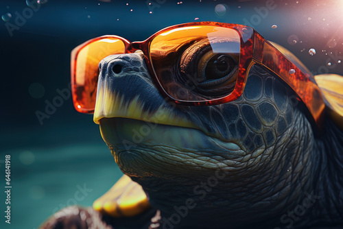 Turtle in sunglasses, summer. AI generative.