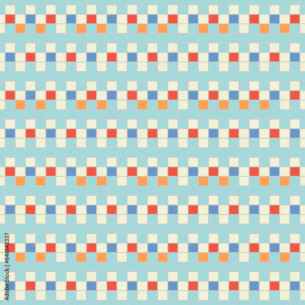 Fototapeta premium Seamless horizontal striped pattern. Repeated blue counter embattled blocks lines on color background. Heraldry motif. Abstract wallpaper. Vector illustration