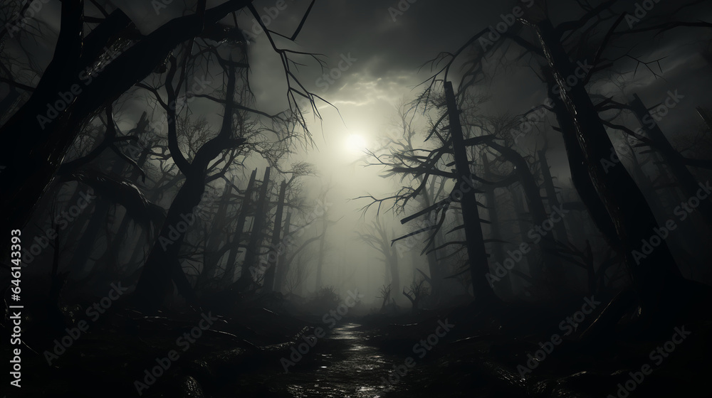 Fototapeta premium Halloween - Spooky and Scary Trees - Extreme low angle shot - black and white 