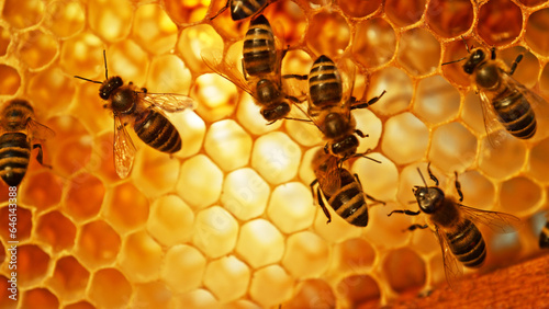 Closeup of honey bees on wax honeycomb with hexagonal cells for apiary and beekeeping concept background photo