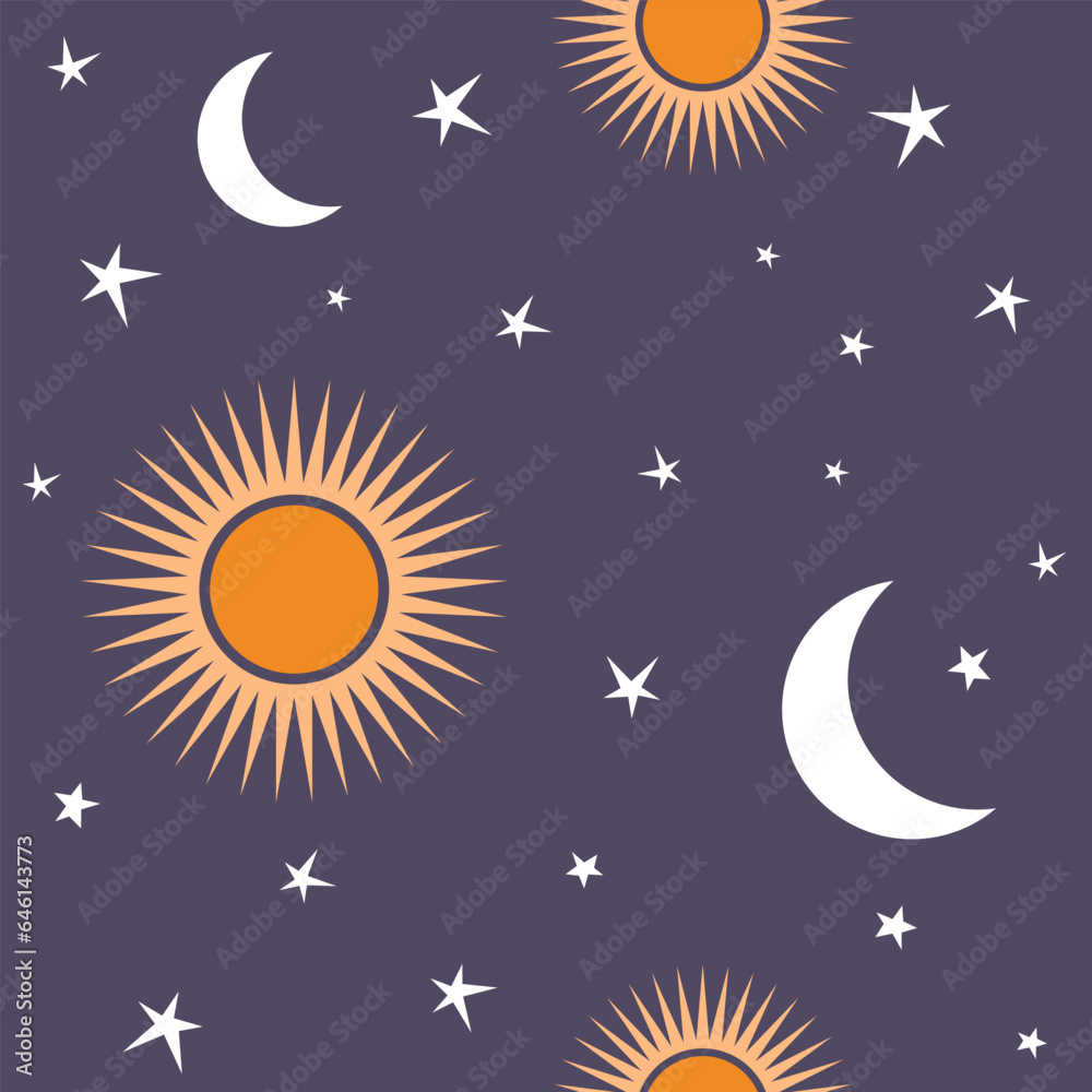 Seamless pattern with sun, moon and stars.