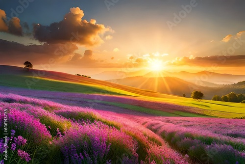 lavender field in sunset generated by al technology 