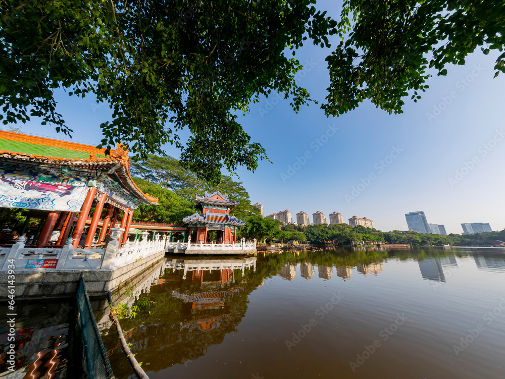 Sunny exterior view of the garden of Yuanming Palace