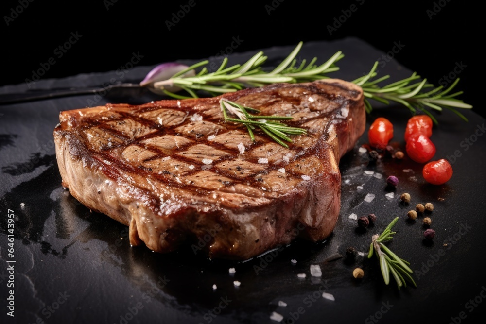 Grilled meat, beef t-bone steak with rosemary on a black stone table. Grilled meat, beef t-bone steak with rosemary on a black stone table.