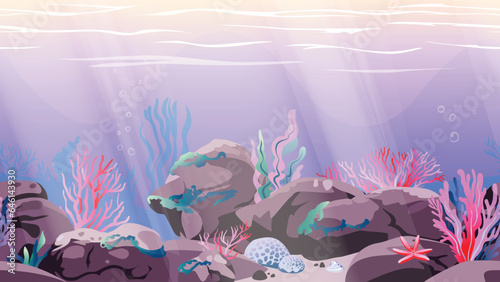 Seamless Underwater background. Ocean floor with stones, corals, algae, and shellfish. Vector