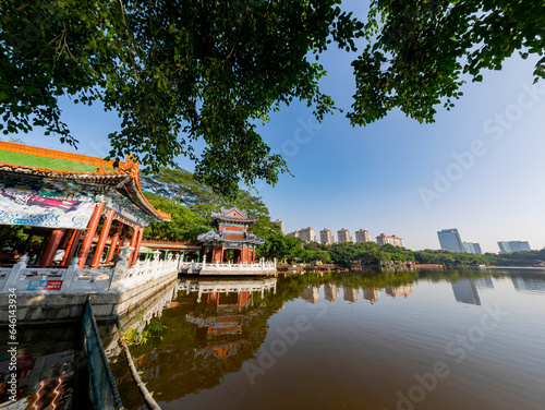 Sunny exterior view of the garden of Yuanming Palace