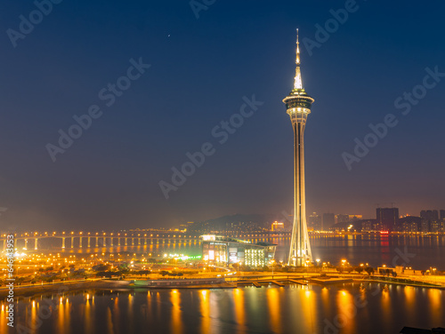 Sunset high angle view of the Macau Tower Convention and Entertainment Center and cityscape