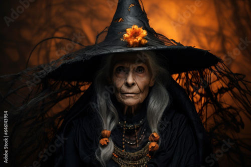 Old woman in a black hat dressed as a witch. Halloween, Thanksgiving concept
