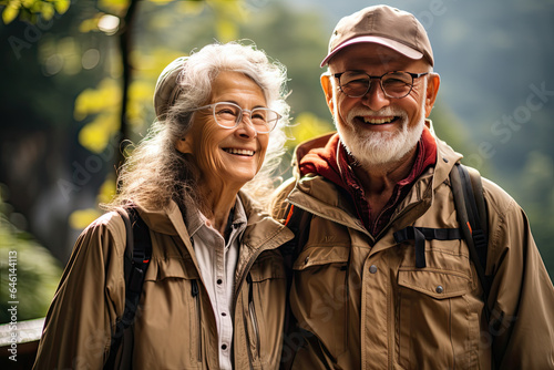 Happy elderly couple on a walking trip in the autumn forest