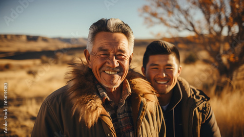 autumnal portrait of a grandfather and his nephew in a desert landscape photo