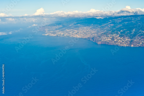 Aerial view of the ocean and the southern coastline of the Madeiran island. Madeira, Portugal, Europe.