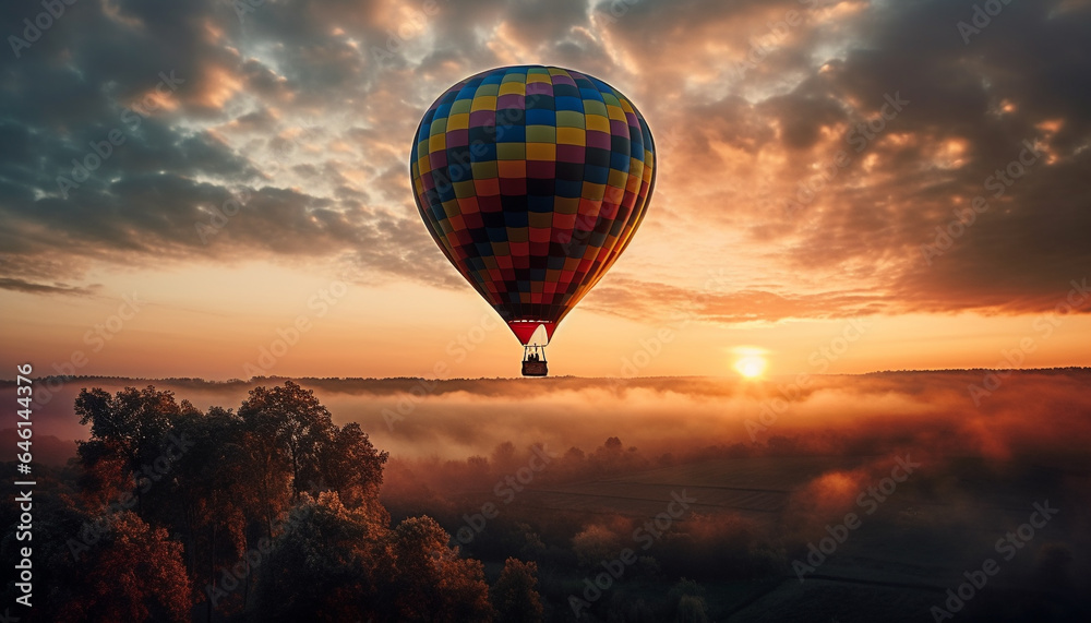 Adventure in the sky Hot air balloon flying over mountain landscape generated by AI