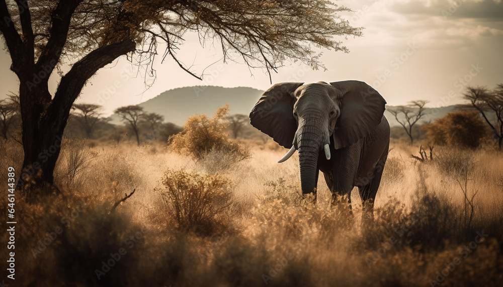Fototapeta premium African elephant walking in the savannah at sunrise with herd generated by AI