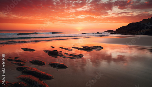 Tranquil sunset over tropical coastline  reflecting natural beauty in nature generated by AI