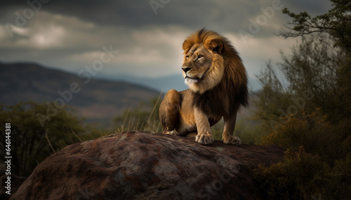 Majestic lion resting in the grass  looking at the sunset generated by AI