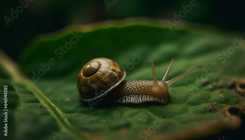 Green garden snail crawling on wet leaf, slimy and slow generated by AI