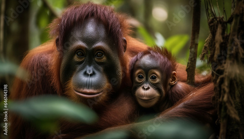Young primate staring, close up portrait of cute orangutan in forest generated by AI © Stockgiu