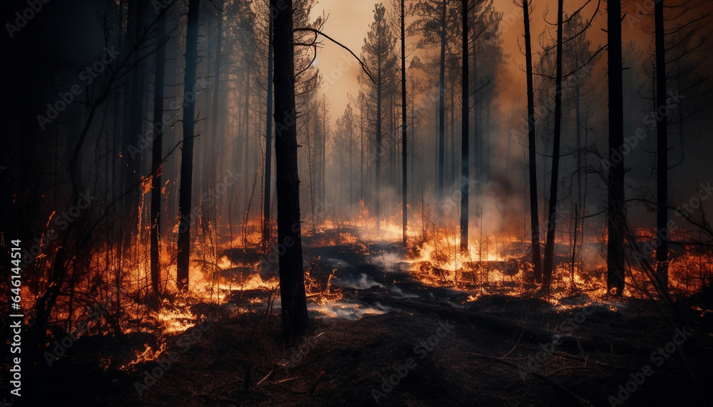 Silhouette of pine tree in burning forest, spooky mystery generated by AI Silhouette of pine tree in burning forest, spooky mystery generated by AI