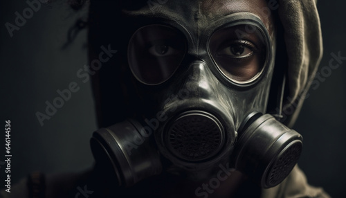 Terrified adult in protective workwear inhaling poisonous pollution, survival equipment generated by AI