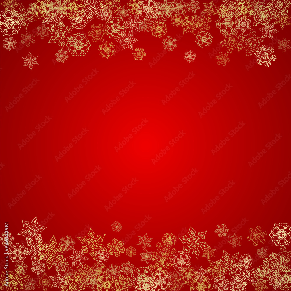 Christmas snowflakes on red background. Glitter frame for seasonal winter banners, gift coupon, voucher, ads, party event. Santa Claus colors with golden Christmas snowflakes. Falling snow for holiday Christmas snowflakes on red background. Glitter frame for seasonal winter banners, gift coupon, voucher, ads, party event. Santa Claus colors with golden Christmas snowflakes. Falling snow for holiday