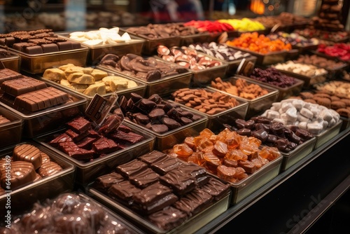 A Long and Tall Chocolate Display in a Market, Filled with a Variety of Colorful and Shiny Chocolates, Looking Very Appetizing