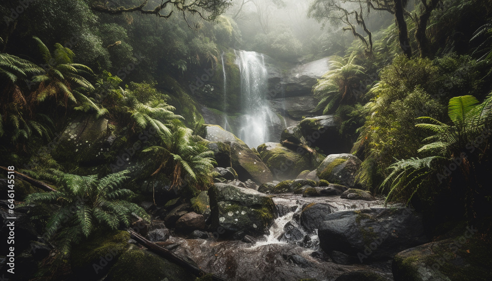 Fototapeta premium Tropical rainforest beauty in nature green leaves, flowing water, adventure generated by AI