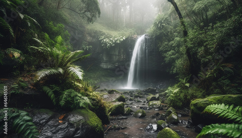 Tranquil scene of a tropical rainforest with flowing water and ferns generated by AI