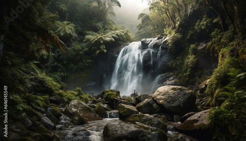 Tranquil scene of a wet forest with flowing water and rocks generated by AI