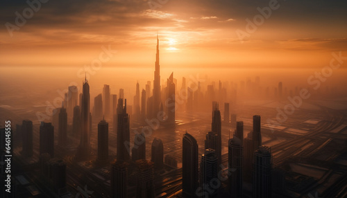 Modern city skyline illuminated by sunset  a futuristic landscape generated by AI