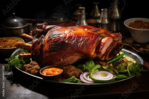 A Whole Roasted Suckling Pig, Glistening Surrounded by a Variety of Side Dishes, Is a Mouthwatering Sight and Smell. photo