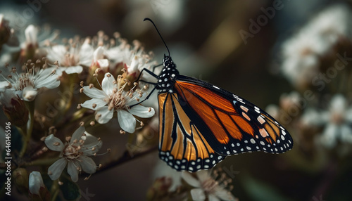 Vibrant monarch butterfly perching on yellow flower in natural beauty generated by AI © Stockgiu