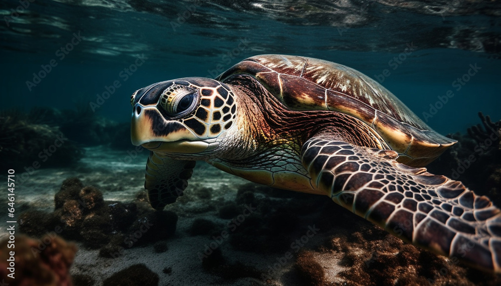 Fototapeta premium Multi colored sea turtle swimming in tranquil underwater reef environment generated by AI