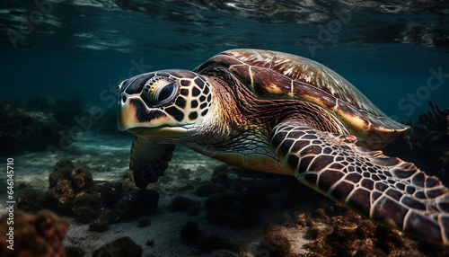 Multi colored sea turtle swimming in tranquil underwater reef environment generated by AI © Stockgiu