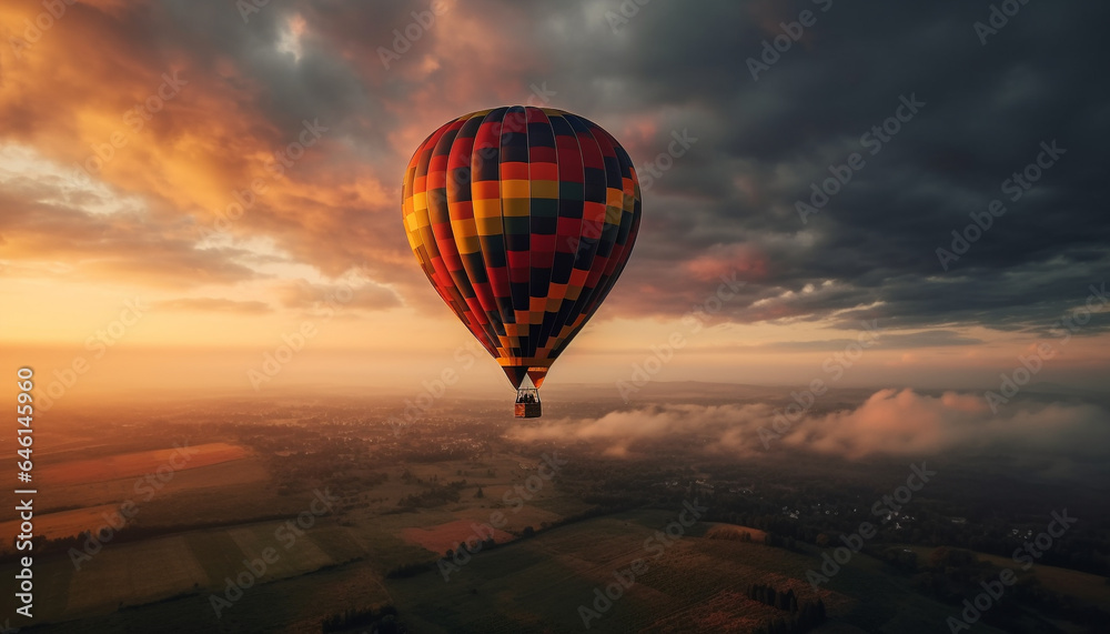 Naklejka premium Multi colored hot air balloon flying high above nature beauty generated by AI