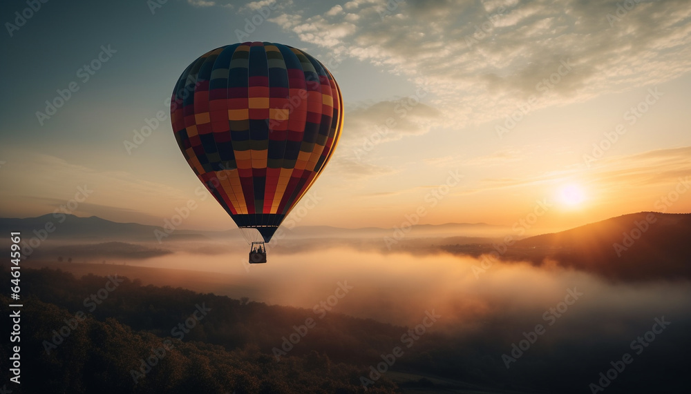 Multi colored hot air balloon soars over mountain range at sunset generated by AI