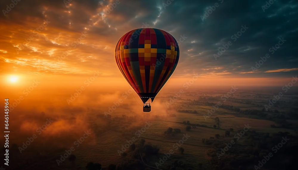 Multi colored hot air balloon soars high over mountain landscape generated by AI