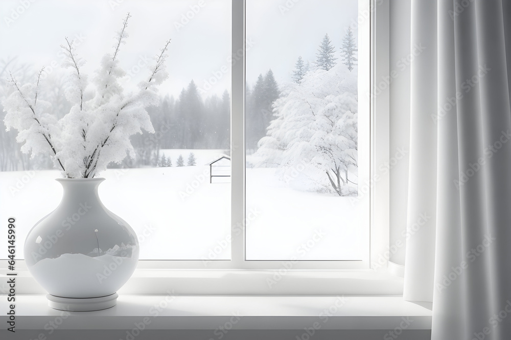 Fototapeta premium Stunning Winter Interior Photo, White Window, Snowy Landscape, Delicate Vase on Table, Professional Serene Ambiance